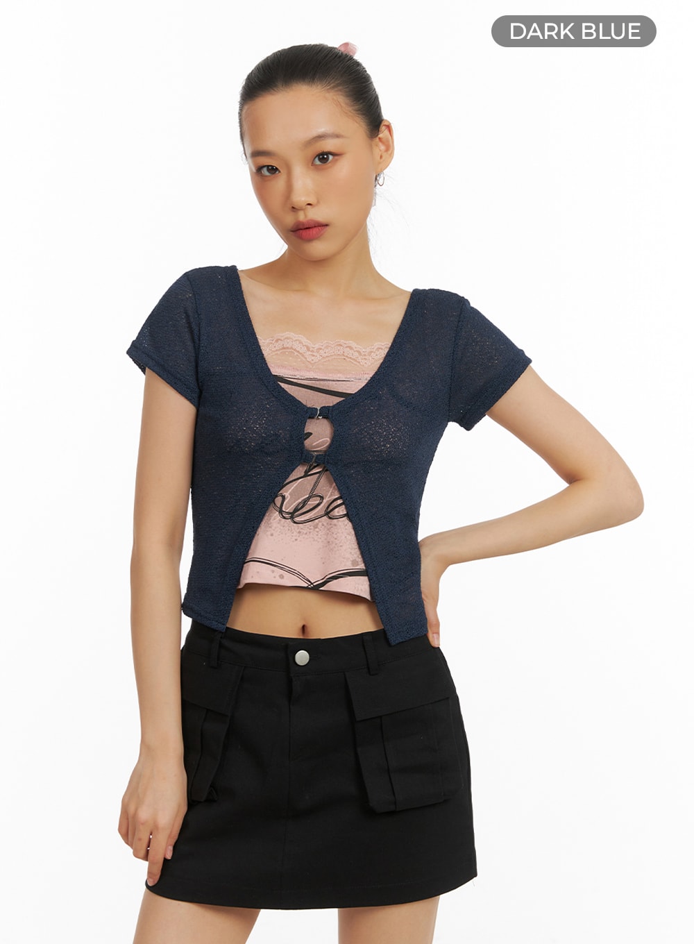 deep-u-neck-short-sleeve-cardigan-ia417 / Dark blue