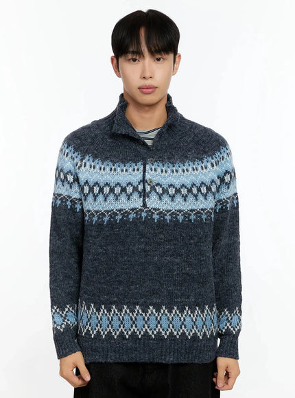 mens-patterned-high-neck-quarter-knit-sweater-in525 / Dark blue