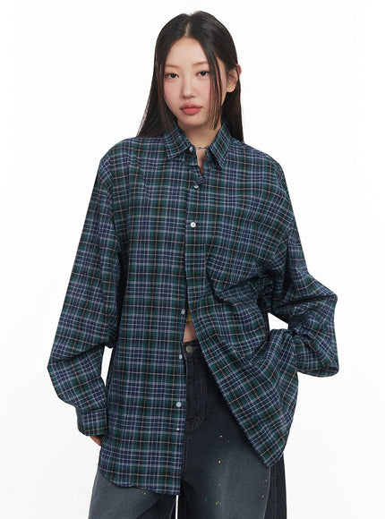 checkered-oversize-collared-t-shirt-im525 / Dark blue