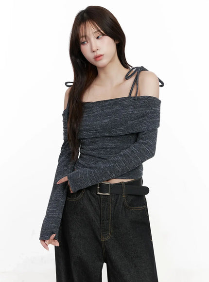 Knit Ribbon Strap Off-Shoulder Top IN514