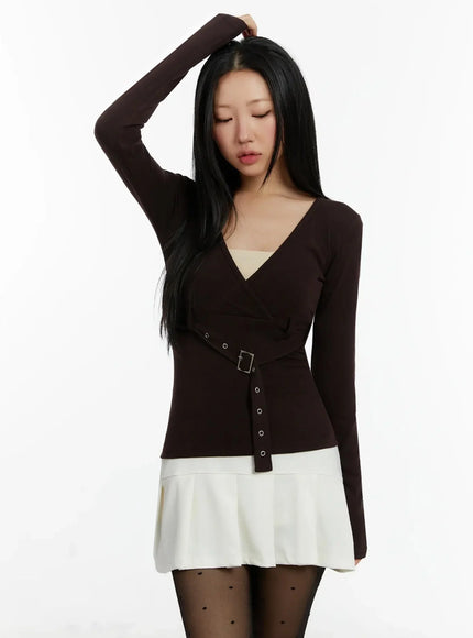 belted-wrap-long-sleeve-top-id525 / Dark brown