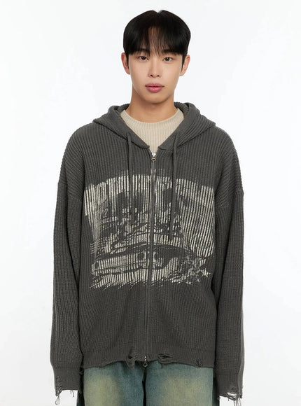 mens-laser-printed-knit-hooded-zip-up-in525 / Dark gray