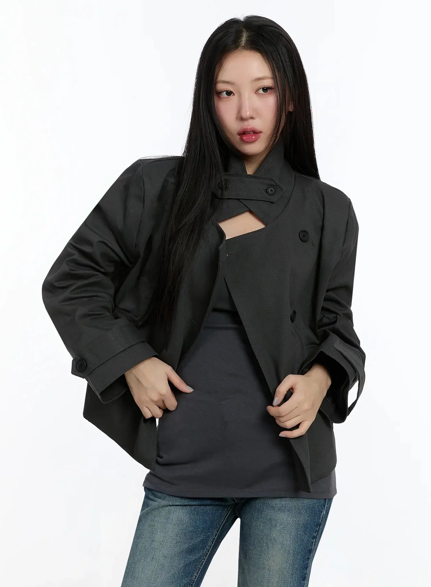 cropped-double-high-neck-french-jacket-im509 / Dark gray