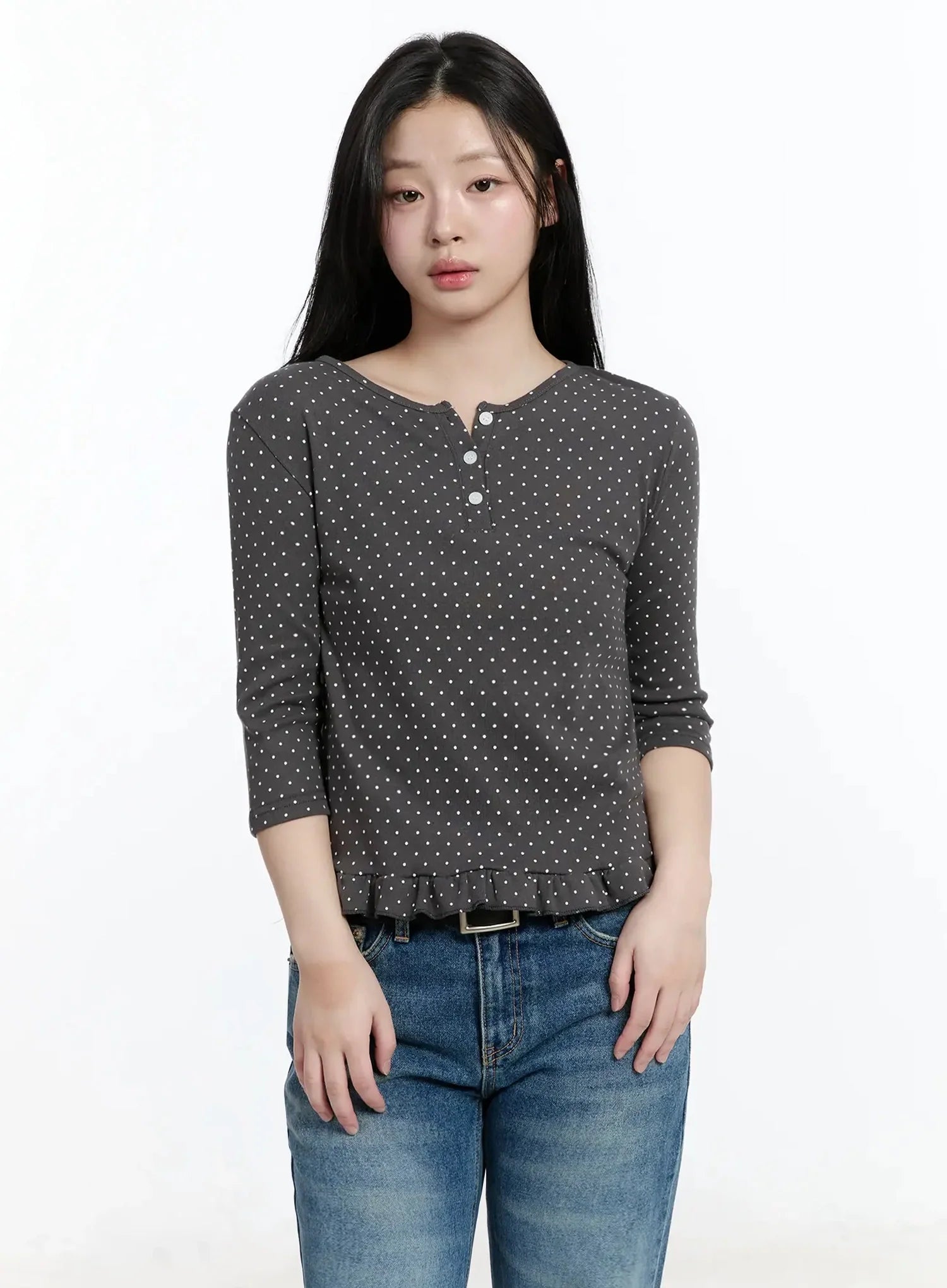 polka-dot-frill-hem-3-4-sleeve-top-im513 / Dark gray