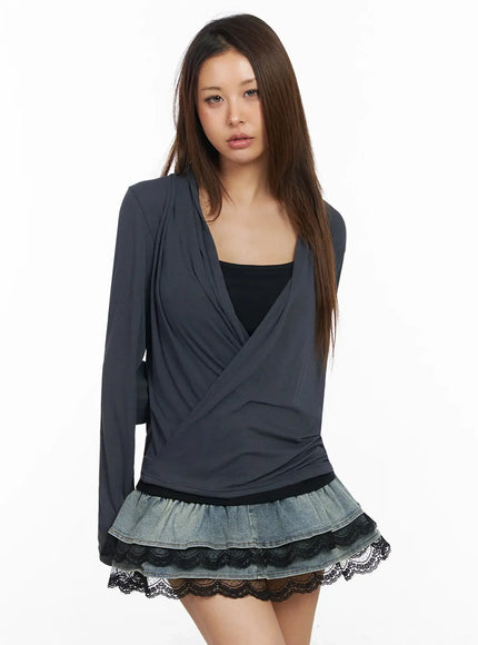 shirred-wrap-long-sleeve-top-iy515 / Dark gray