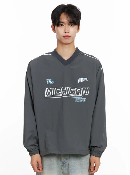 Men's V-Neck Lettering Windbreak Pullover IO516