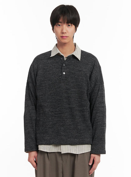 Men's Ribbed Buttoned Long-Sleeve Shirt IA510