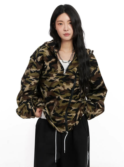 abstract-print-double-zip-fleece-hoodie-in528 / Dark green