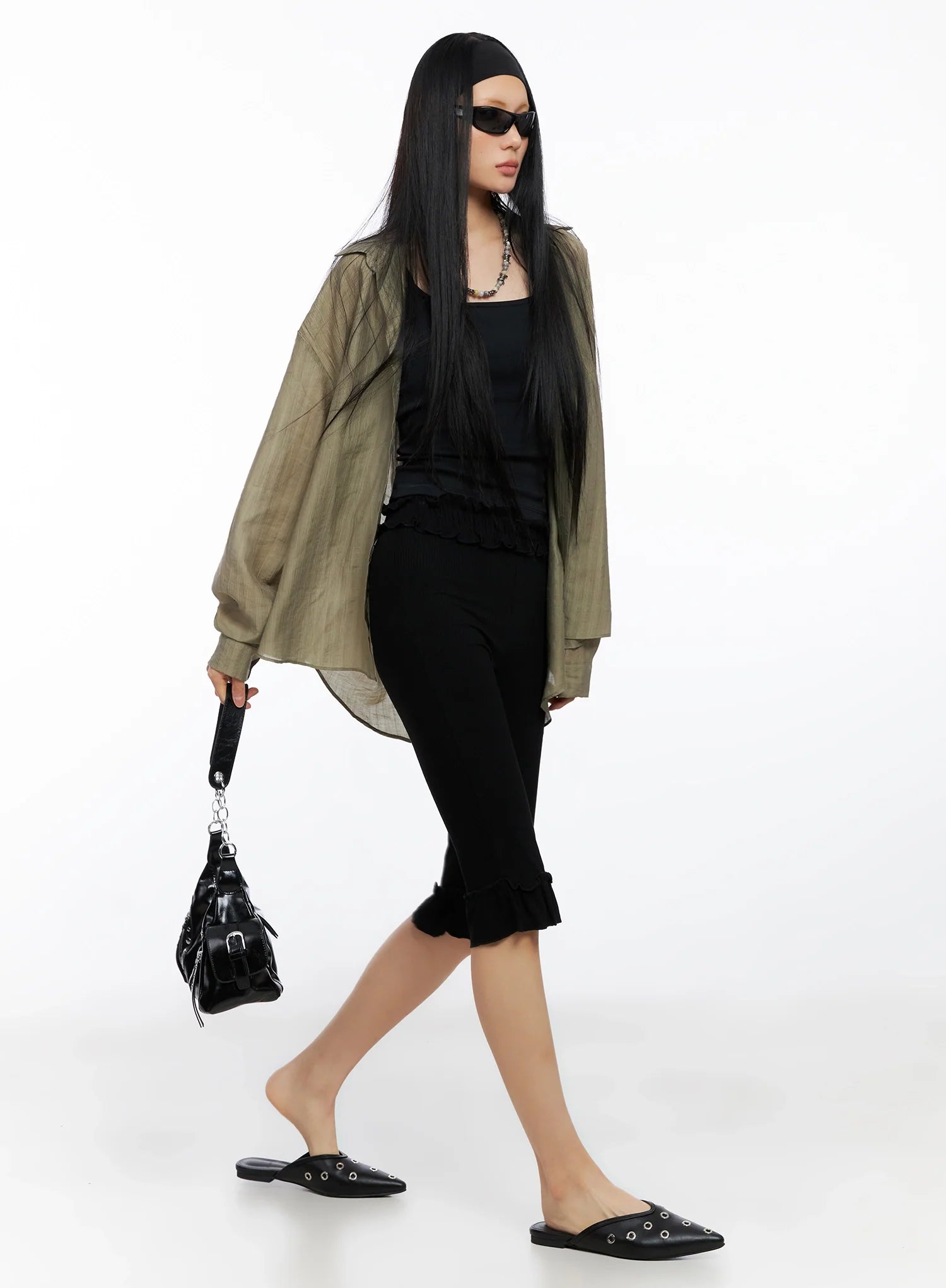 sheer-oversized-long-sleeve-shirt-co516 / Dark green