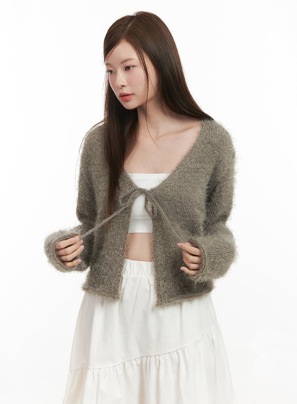 Fuzzy Ribbon Tie Cardigan IJ527