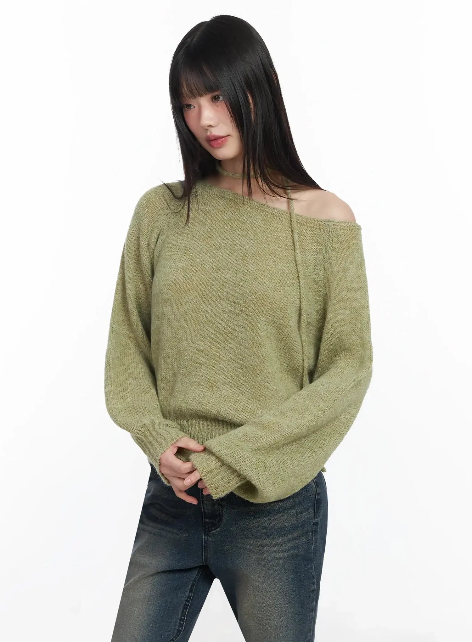 chic-off-shoulder-knit-sweater-and-thin-scarf-set-f517 / Dark green