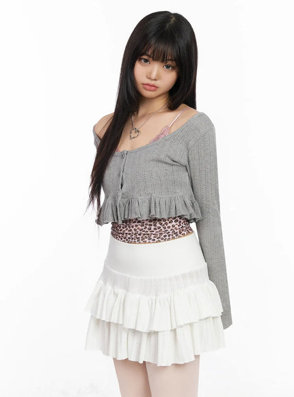 pointelle-layered-ruffle-crop-cardigan-ia523 / Gray
