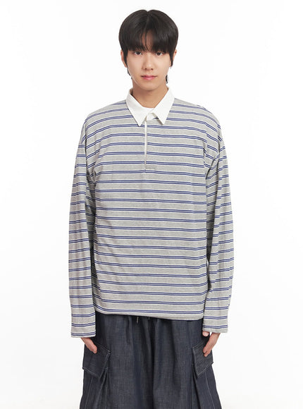 mens-striped-long-sleeve-polo-shirt-ia511 / Gray