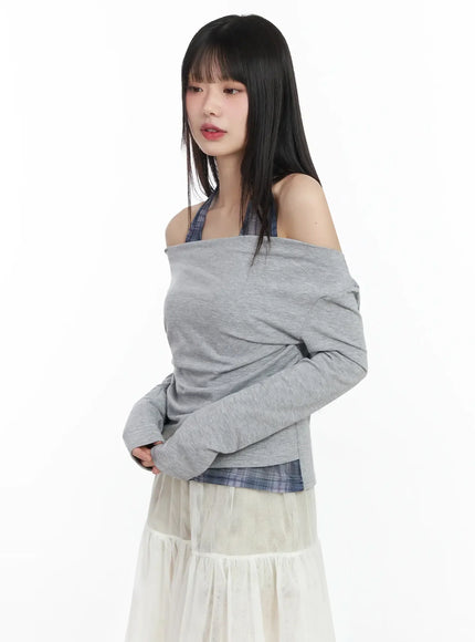 plaid-layered-off-shoulder-top-im523 / Gray