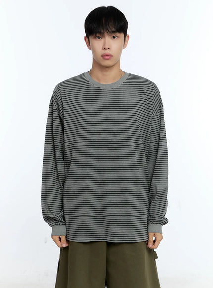 mens-striped-crewneck-long-sleeve-t-shirt-ig519 / Gray