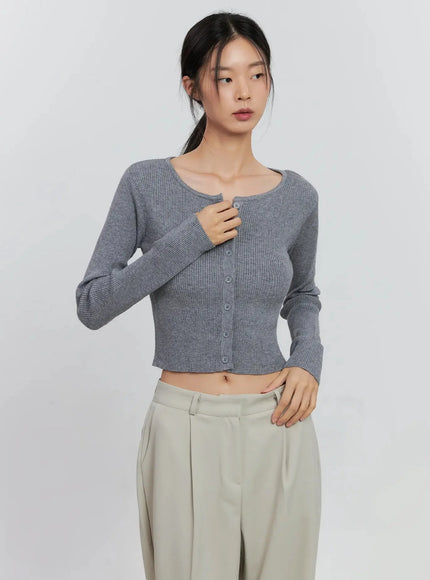 ribbed-button-up-cardigan-is516 / Gray