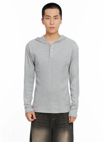 mens-henley-neck-long-sleeve-hoodie-is502 / Gray
