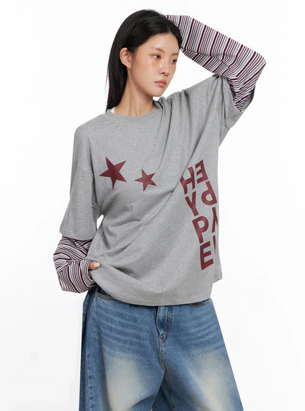 layered-star-print-long-sleeve-tee-is515 / Gray