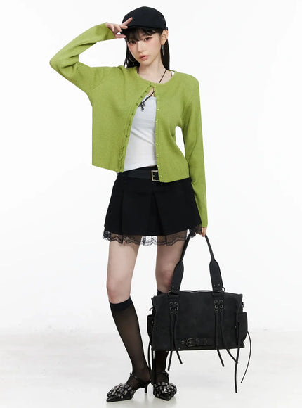 ribbed-knit-round-neck-cardigan-iy515 / Green