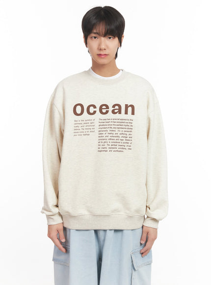 mens-loose-fit-graphic-crew-neck-ia511 / Light beige