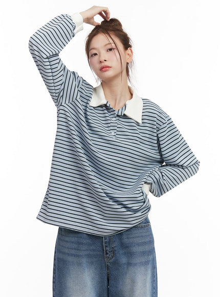 oversized-stripe-collared-long-sleeve-top-ij527 / Light blue
