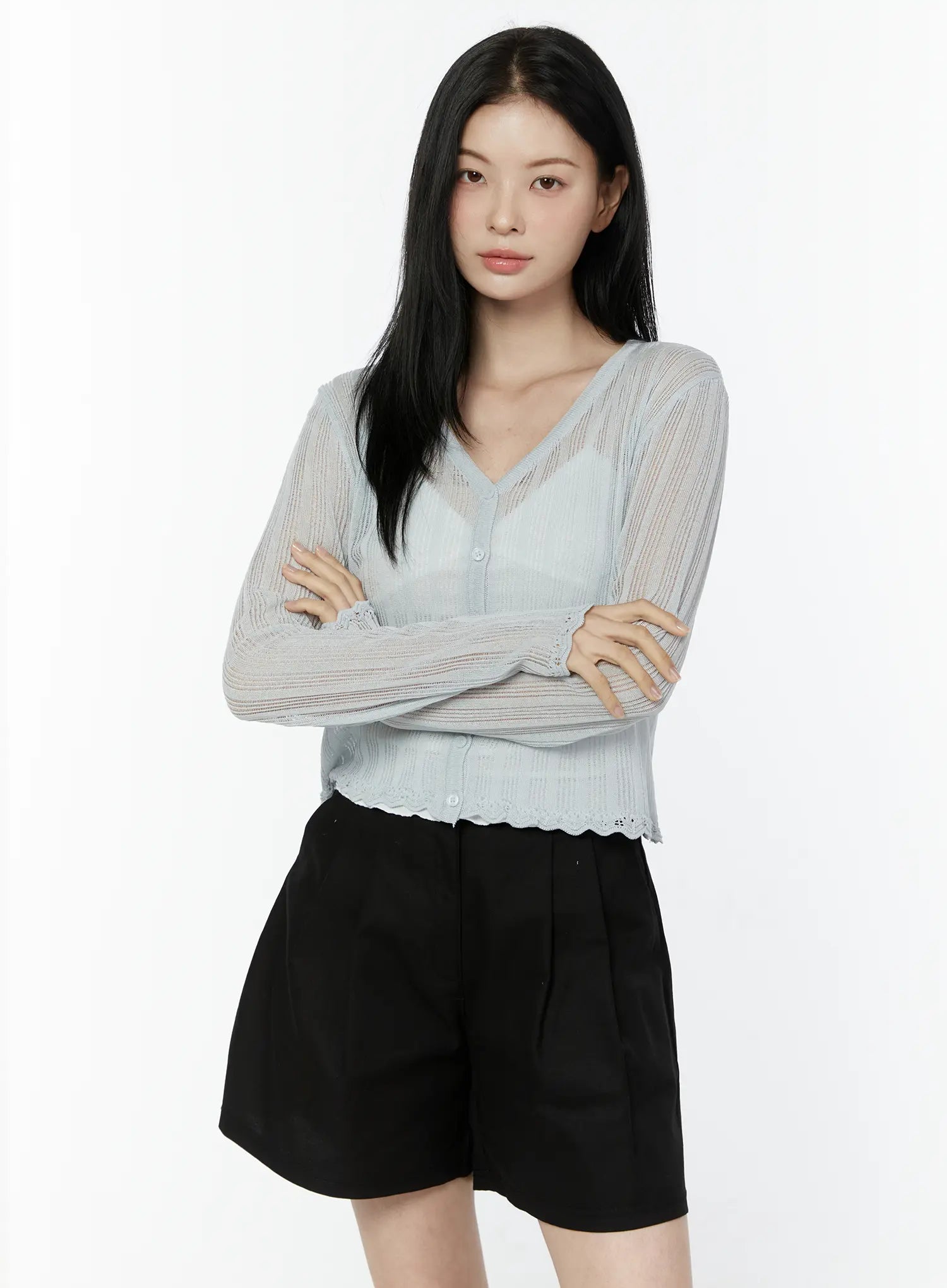 sheer-v-neck-cardigan-iu505 / Light blue