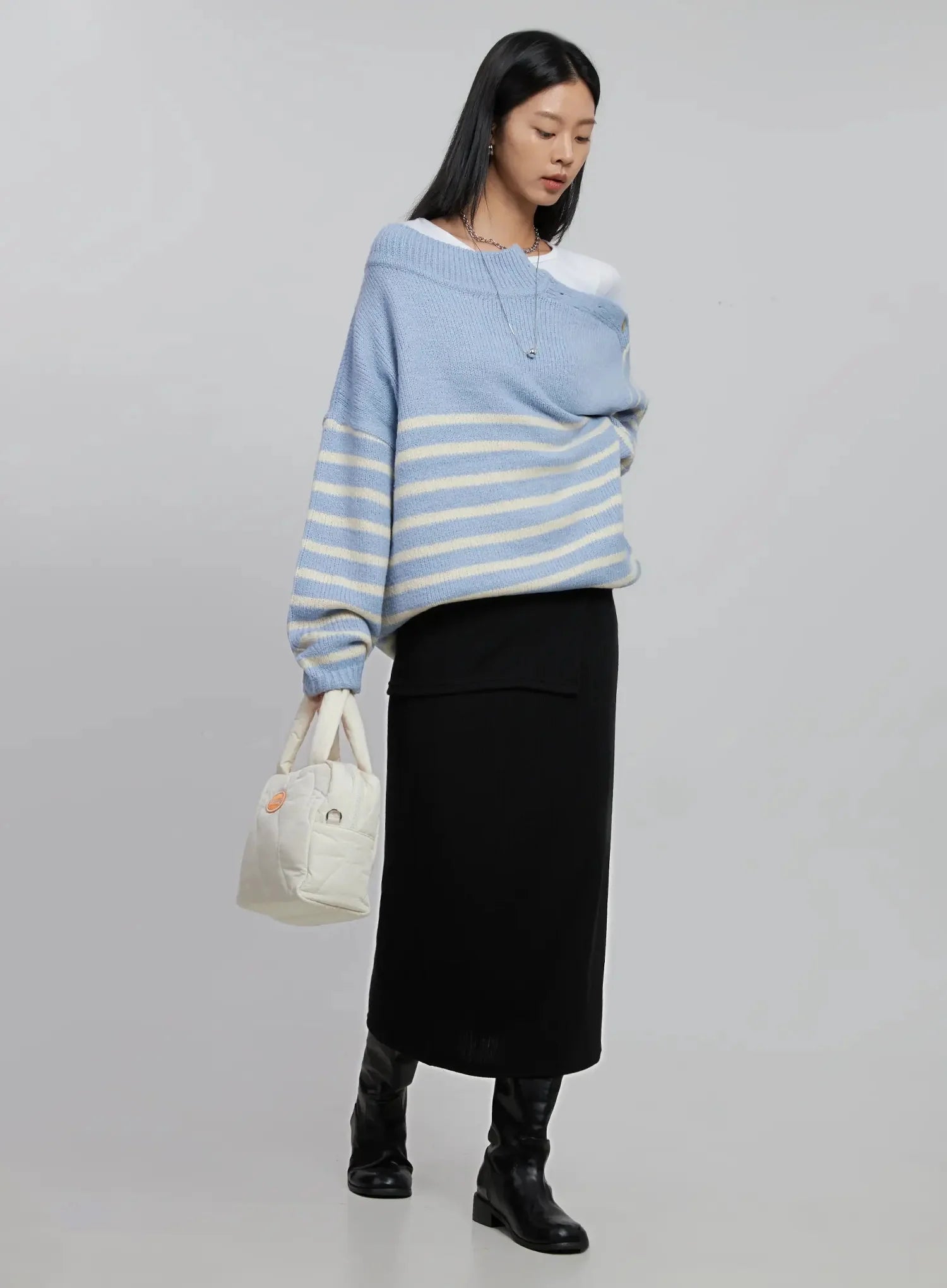 shoulder-cutout-striped-knit-sweater-id504 / Light blue