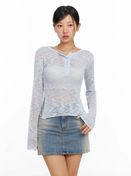 sheer-buttoned-neck-long-sleeve-top-ig527 / Light blue