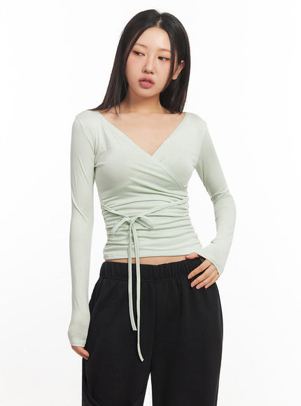 wrap-shirred-long-sleeve-crop-top-ia524 / Light green