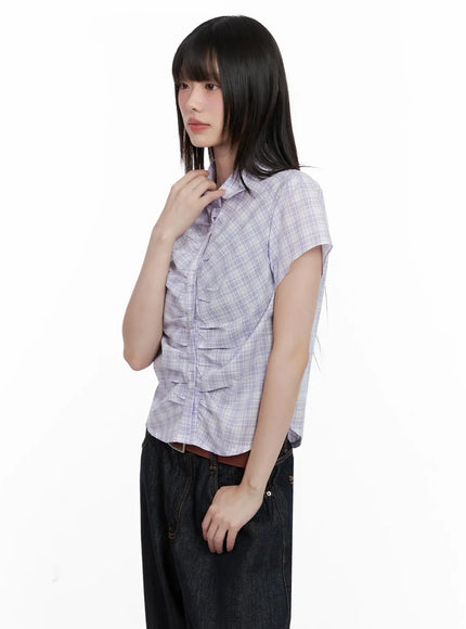 shirred-plaid-button-up-blouse-il531 / Light purple