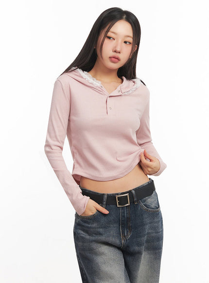 lace-trim-crop-hoodie-ia524 / Pink