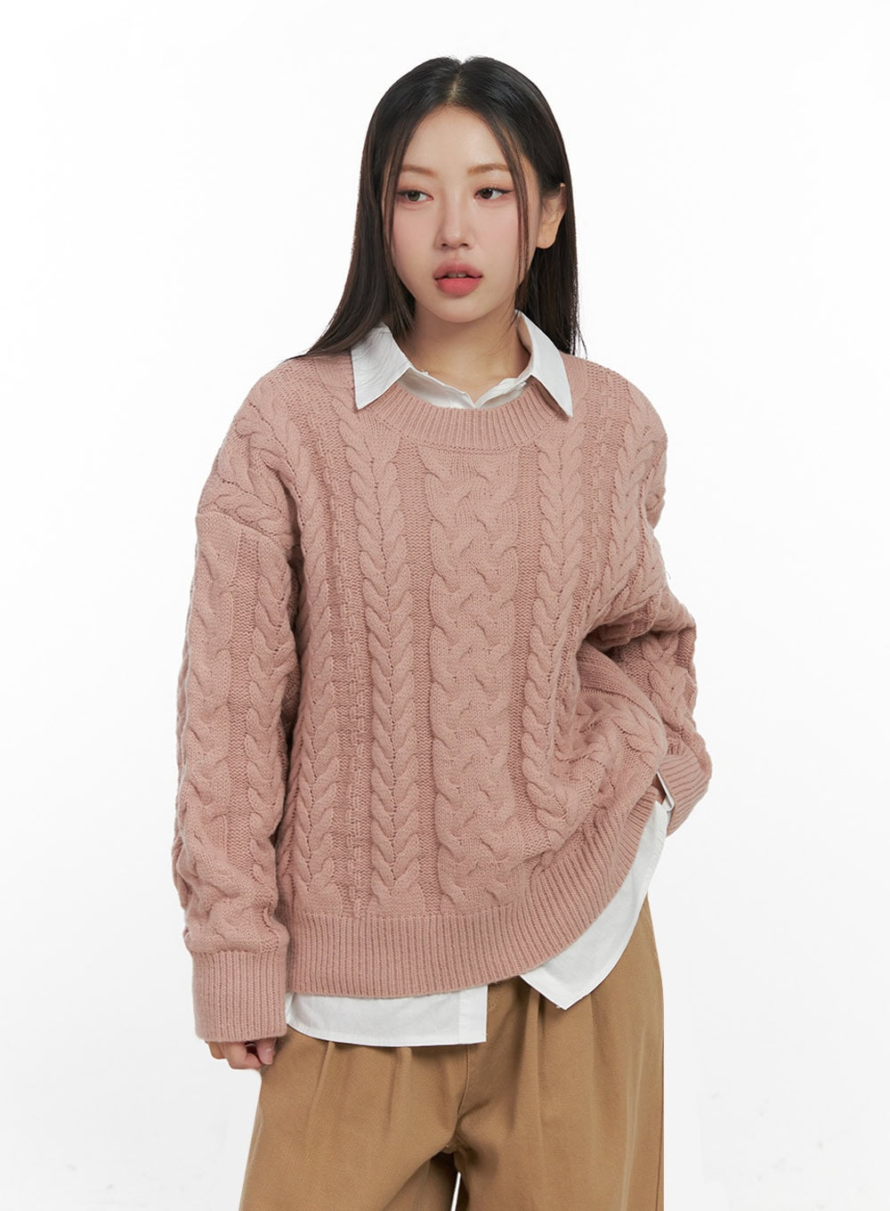 long-sleeve-cable-knit-top-in415 / Pink