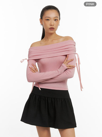 shirred-solid-off-shoulder-crop-top-io409 / Pink