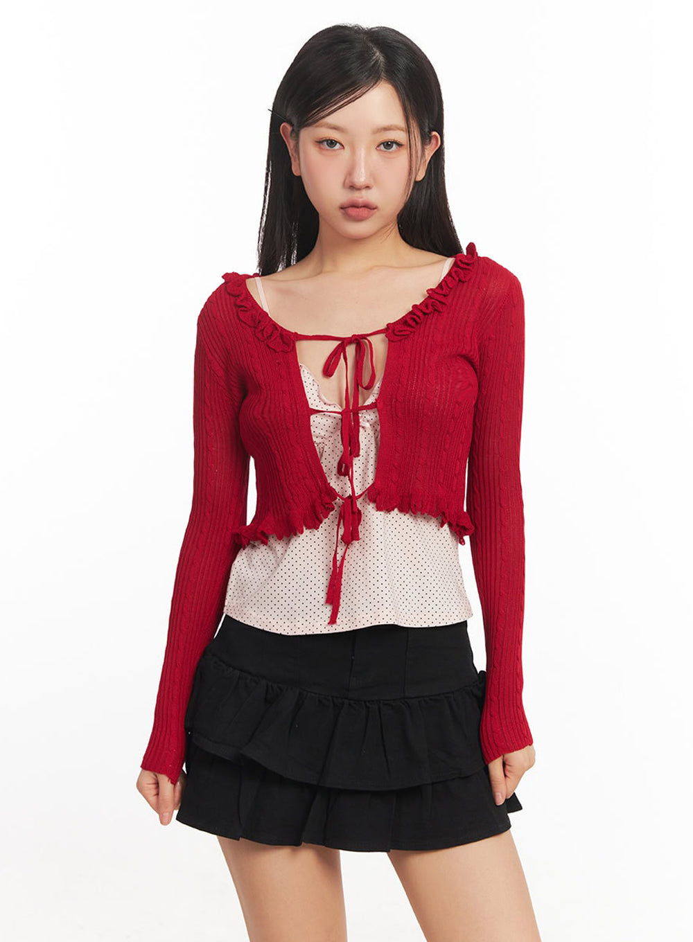 cable-knit-frill-cropped-cardigan-ia525 / Red