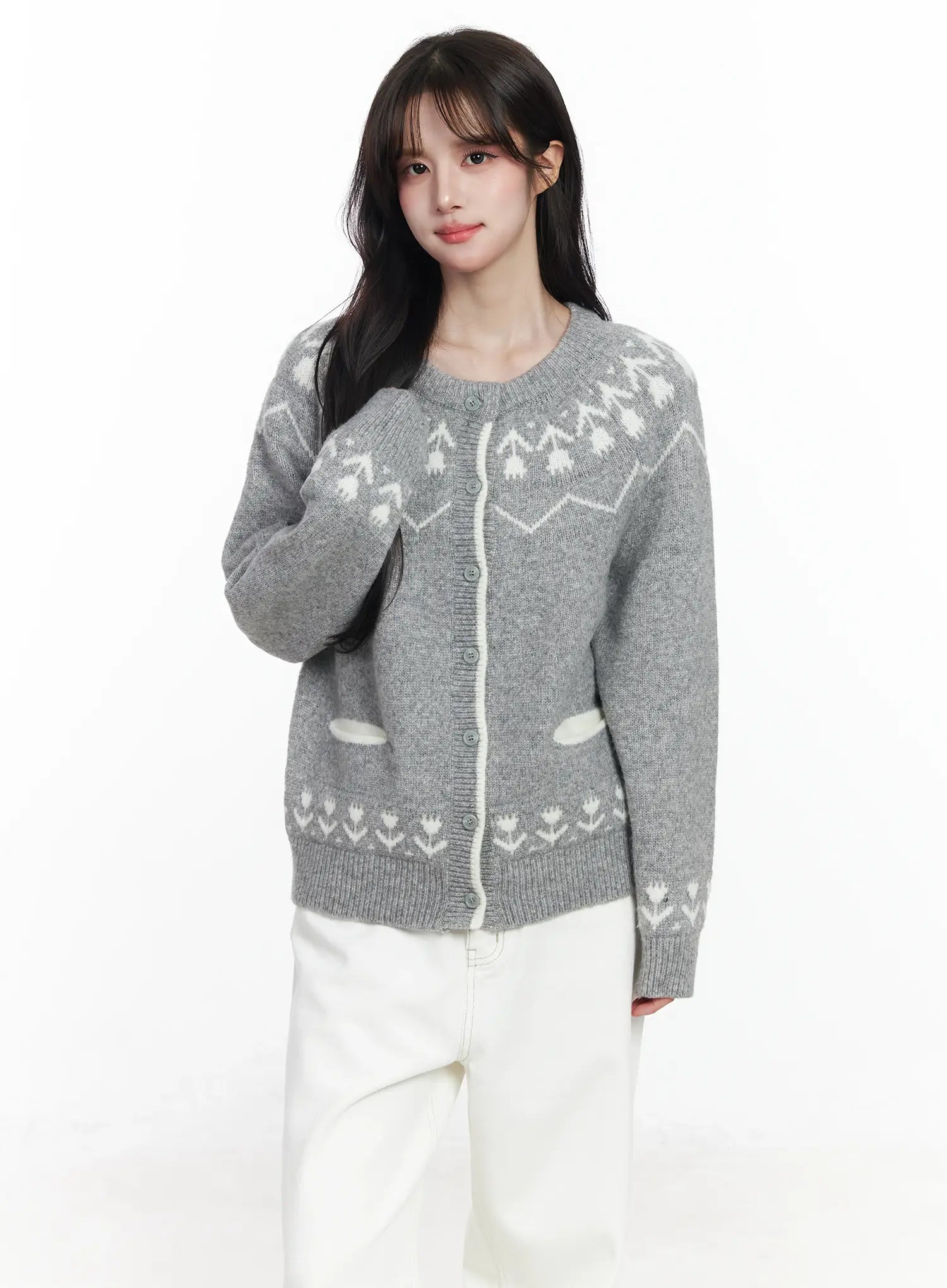 nordic-pattern-button-up-knit-cardigan-ij529 / Gray