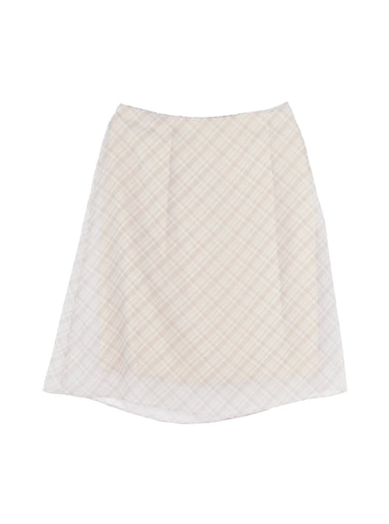 chiffon-flare-plaid-midi-skirt-iy507 / Beige