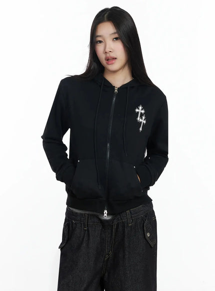 cross-graphic-zip-up-hoodie-im506 / Black