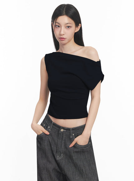 asymmetric-short-sleeve-wrap-shirt-iy516 / Black