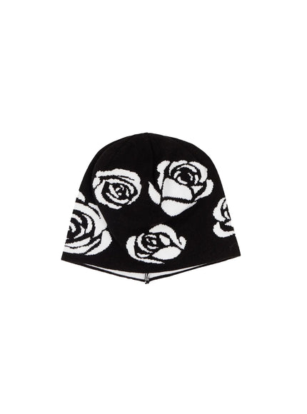 rose-pattern-knit-beanie-ia523 / Black