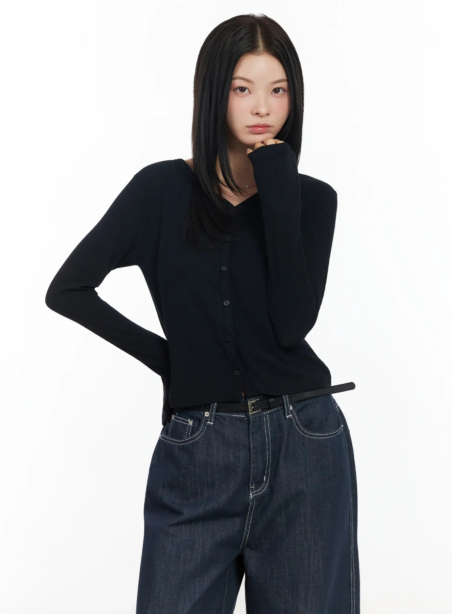 ribbed-v-neck-cardigan-im524 / Black