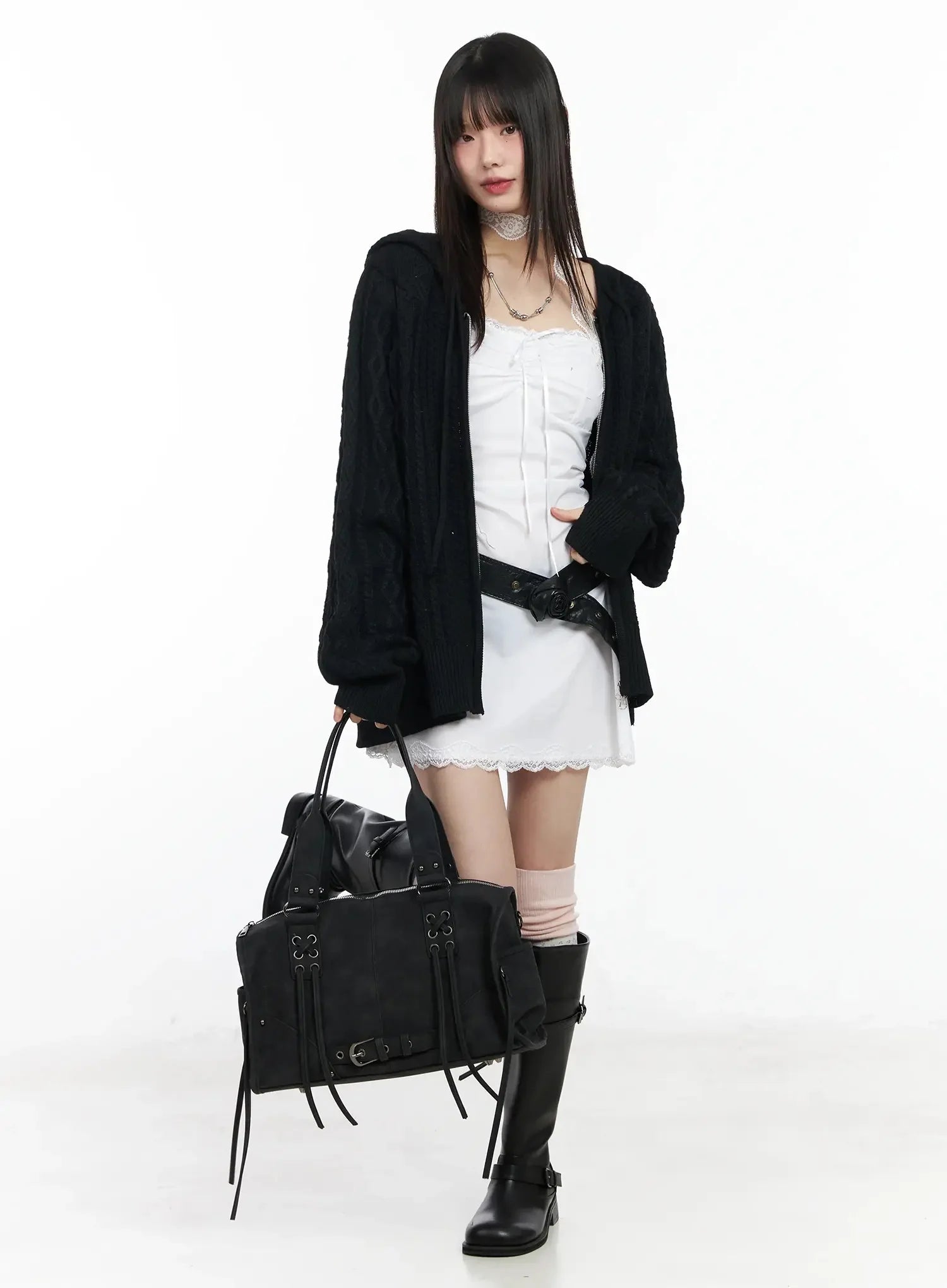 twisted-knit-zip-up-hoodie-im509 / Black