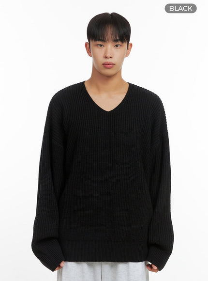 mens-oversized-v-neck-cable-knit-io420 / Black