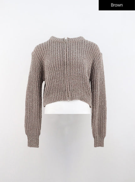 zip-up-waffle-knit-sweater-in314 / Brown