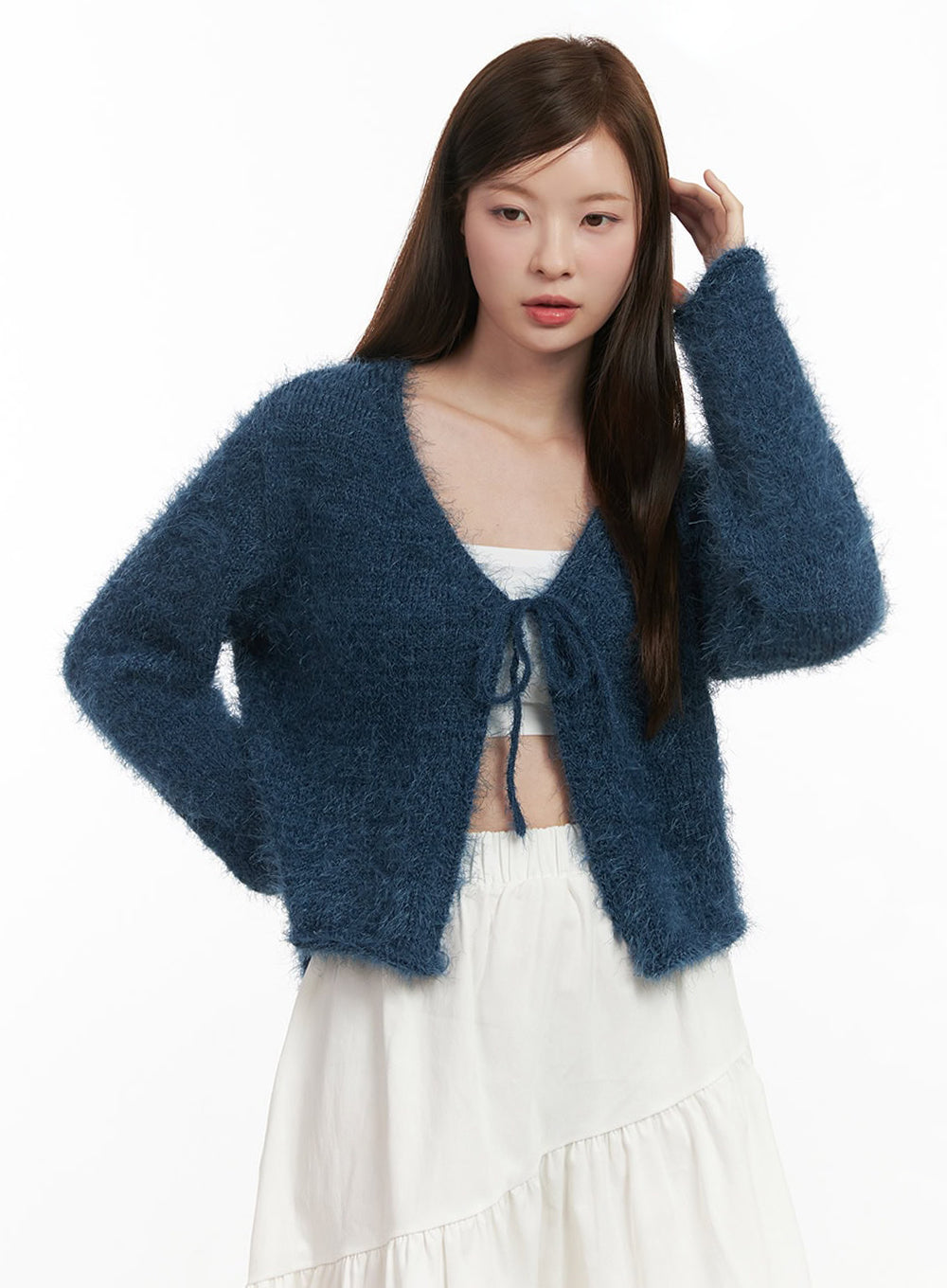 Fuzzy Ribbon Tie Cardigan IJ527