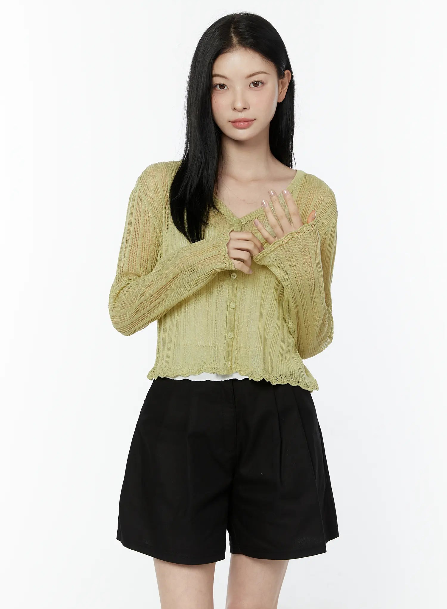 sheer-v-neck-cardigan-iu505 / Dark green