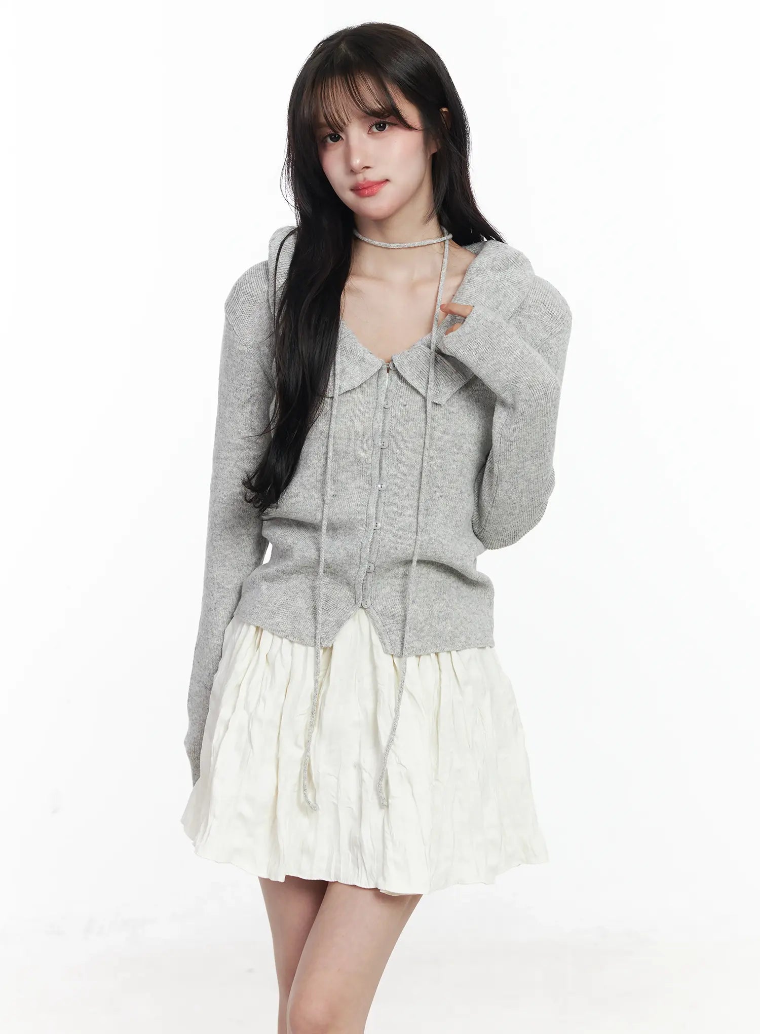 frilled-v-neck-cardigan-ij529 / Gray