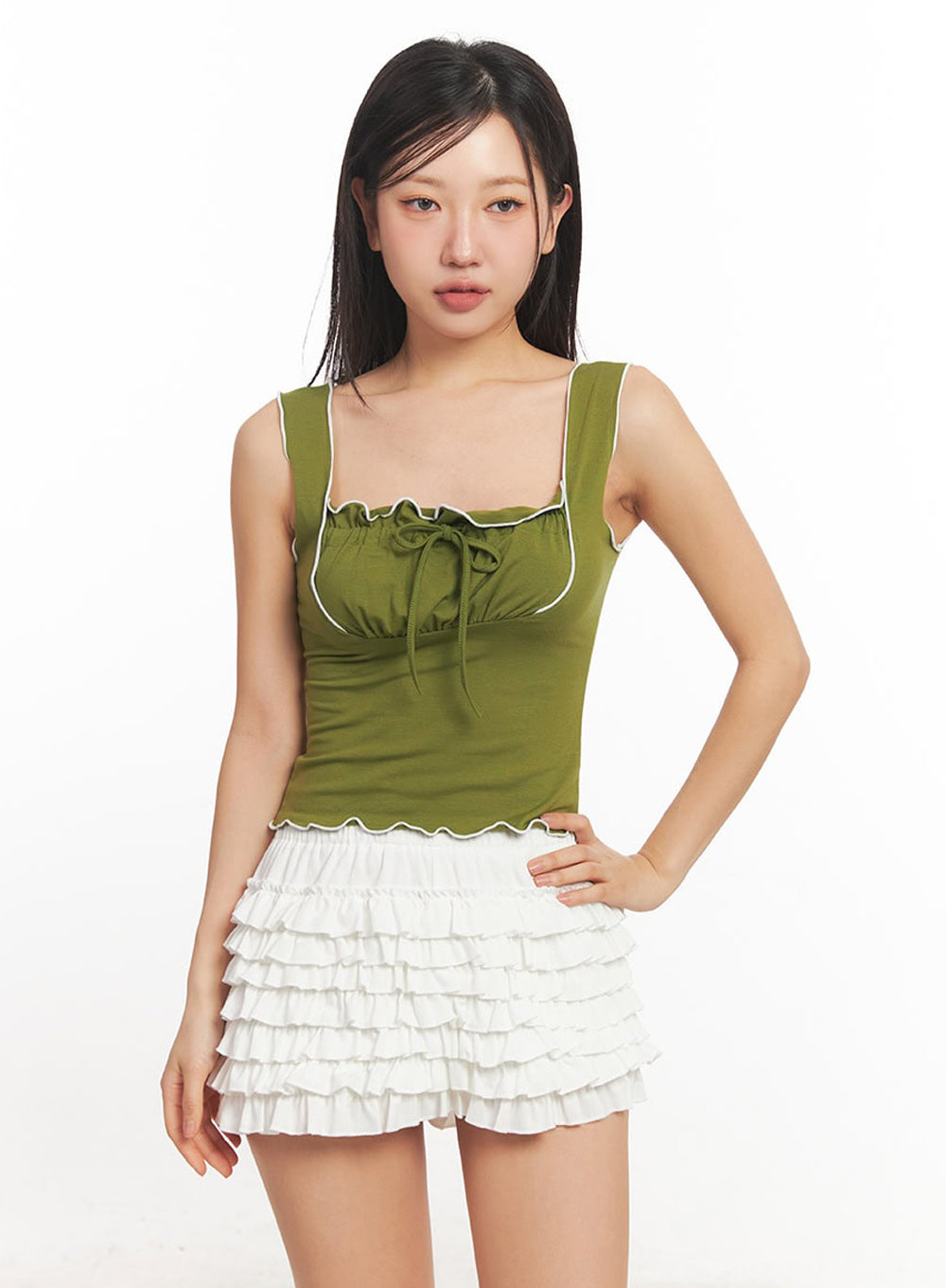ribbon-frill-square-neck-crop-tank-top-ia524 / Green