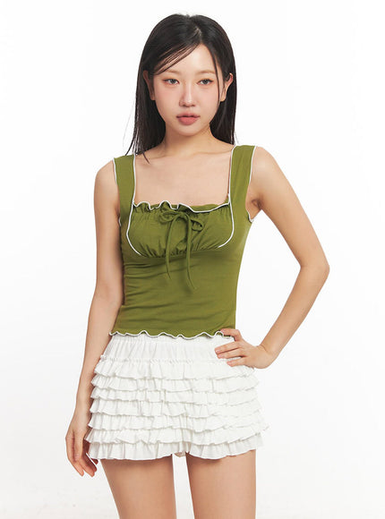 ribbon-frill-square-neck-crop-tank-top-ia524 / Green