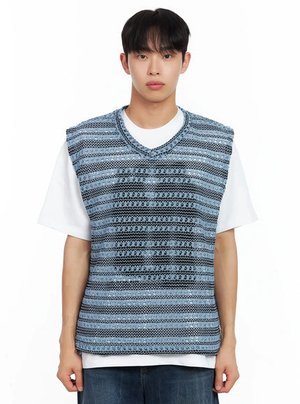 mens-striped-knit-v-neck-vest-il516 / Light blue