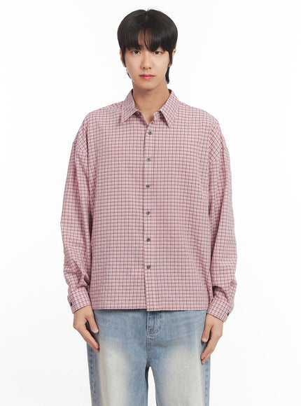 mens-loose-fit-checkered-collared-shirt-ia510 / Pink
